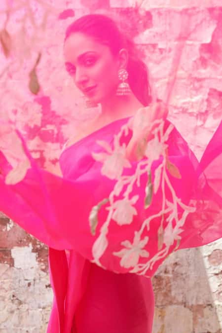 Buy_Devnaagri_Fuchsia Cotton, Organza, Satin Embroidery Sheer Saree With Blouse 