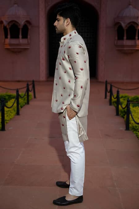 Shop Kaaj Button X AZA Gold Chanderi Silk Embroidery Floral Bundi And Kurta Set Online at Aza Fashions Shop_Kaaj Button X AZA_Gold Chanderi Silk Embroidery Floral Bundi And Kurta Set _Online_at_Aza_Fashions