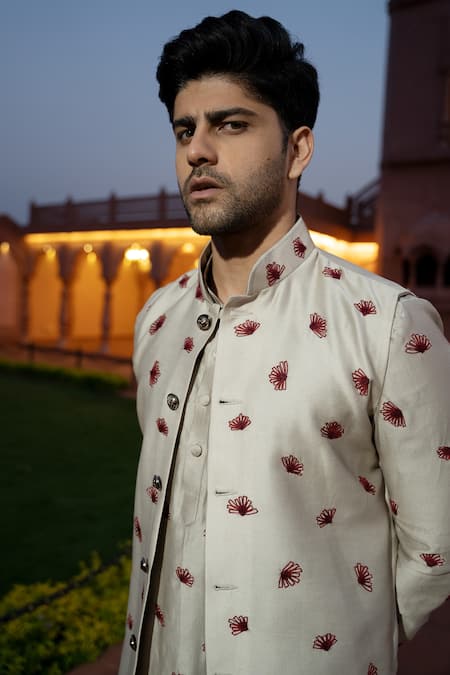 Buy Kaaj Button X AZA Gold Chanderi Silk Embroidery Floral Bundi And Kurta Set Buy_Kaaj Button X AZA_Gold Chanderi Silk Embroidery Floral Bundi And Kurta Set