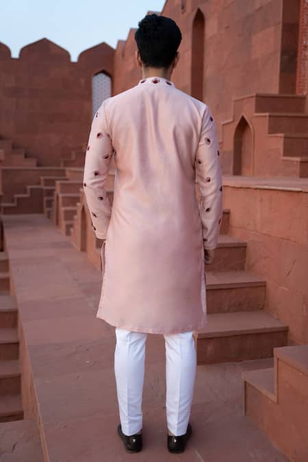 Shop Kaaj Button X AZA Pink Chanderi Silk Embroidery Kurta Set at Aza Fashions Shop_Kaaj Button X AZA_Pink Chanderi Silk Embroidery Kurta Set _at_Aza_Fashions
