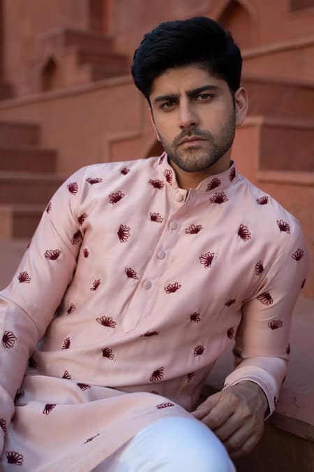 Kaaj Button X AZA Pink Chanderi Silk Embroidery Kurta Set Online at Aza Fashions Kaaj Button X AZA_Pink Chanderi Silk Embroidery Kurta Set _Online_at_Aza_Fashions