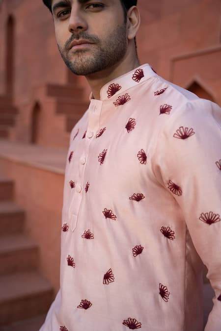 Shop Kaaj Button X AZA Pink Chanderi Silk Embroidery Kurta Set Online at Aza Fashions Shop_Kaaj Button X AZA_Pink Chanderi Silk Embroidery Kurta Set _Online_at_Aza_Fashions