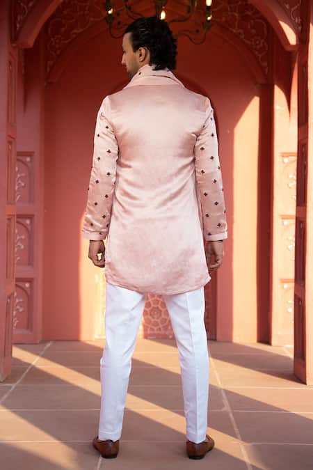 Shop Kaaj Button X AZA Pink Satin, Linen, Cotton Embroidery Tulip Kurta Set at Aza Fashions Shop_Kaaj Button X AZA_Pink Satin, Linen, Cotton Embroidery Tulip Kurta Set _at_Aza_Fashions