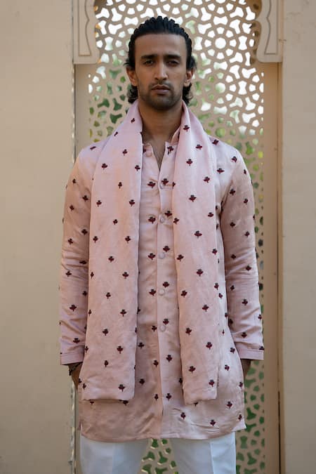 Kaaj Button X AZA Pink Satin, Linen, Cotton Embroidery Tulip Kurta Set Online at Aza Fashions Kaaj Button X AZA_Pink Satin, Linen, Cotton Embroidery Tulip Kurta Set _Online_at_Aza_Fashions