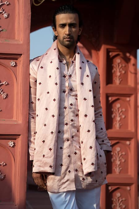 Buy Kaaj Button X AZA Pink Satin, Linen, Cotton Embroidery Tulip Kurta Set Online at Aza Fashions Buy_Kaaj Button X AZA_Pink Satin, Linen, Cotton Embroidery Tulip Kurta Set _Online_at_Aza_Fashions