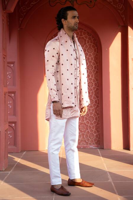 Shop Kaaj Button X AZA Pink Satin, Linen, Cotton Embroidery Tulip Kurta Set Online at Aza Fashions Shop_Kaaj Button X AZA_Pink Satin, Linen, Cotton Embroidery Tulip Kurta Set _Online_at_Aza_Fashions