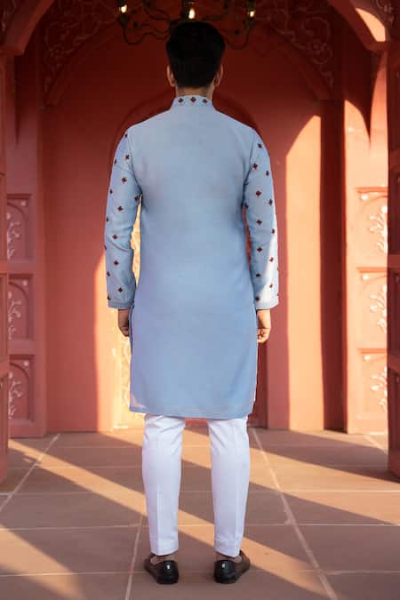 Shop Kaaj Button X AZA Blue Chanderi Silk Embroidery Tulip Kurta Set at Aza Fashions Shop_Kaaj Button X AZA_Blue Chanderi Silk Embroidery Tulip Kurta Set _at_Aza_Fashions