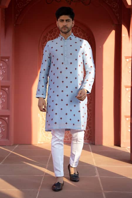 Kaaj Button X AZA Blue Chanderi Silk Embroidery Tulip Kurta Set Online at Aza Fashions Kaaj Button X AZA_Blue Chanderi Silk Embroidery Tulip Kurta Set _Online_at_Aza_Fashions