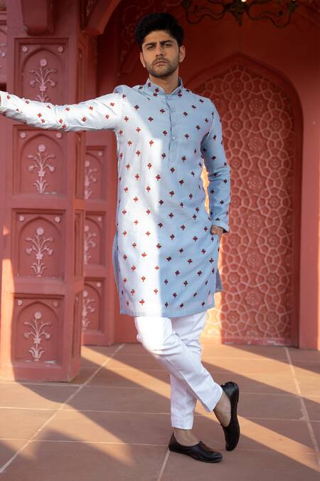 Buy Kaaj Button X AZA Blue Chanderi Silk Embroidery Tulip Kurta Set Online at Aza Fashions Buy_Kaaj Button X AZA_Blue Chanderi Silk Embroidery Tulip Kurta Set _Online_at_Aza_Fashions