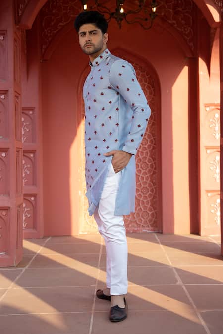 Shop Kaaj Button X AZA Blue Chanderi Silk Embroidery Tulip Kurta Set Online at Aza Fashions Shop_Kaaj Button X AZA_Blue Chanderi Silk Embroidery Tulip Kurta Set _Online_at_Aza_Fashions