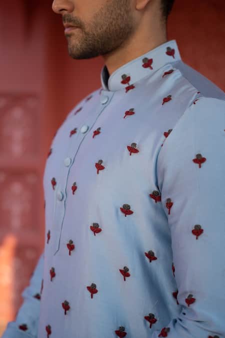 Kaaj Button X AZA Blue Chanderi Silk Embroidery Tulip Kurta Set at Aza Fashions Kaaj Button X AZA_Blue Chanderi Silk Embroidery Tulip Kurta Set _at_Aza_Fashions