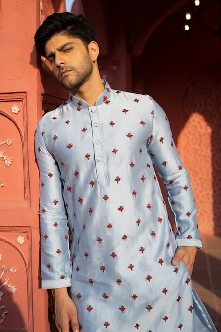 Buy Kaaj Button X AZA Blue Chanderi Silk Embroidery Tulip Kurta Set Buy_Kaaj Button X AZA_Blue Chanderi Silk Embroidery Tulip Kurta Set