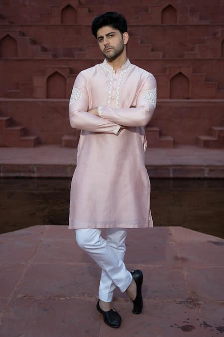 Kaaj Button x AZA Pink Satin Linen Embroidered Floral Placement Kurta Set 