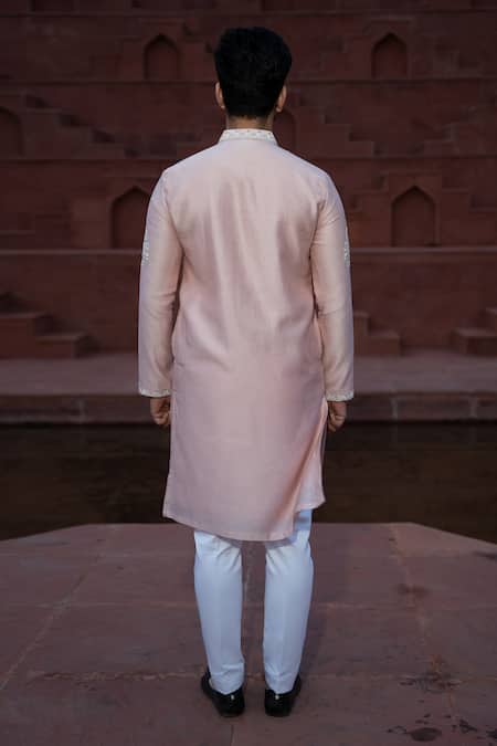 Shop Kaaj Button X AZA Pink Chanderi Silk, Satin Embroidery Floral Kurta Set at Aza Fashions Shop_Kaaj Button X AZA_Pink Chanderi Silk, Satin Embroidery Floral Kurta Set _at_Aza_Fashions