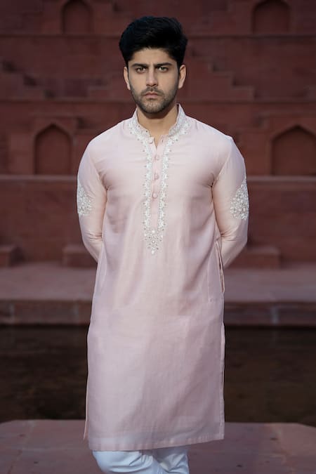 Kaaj Button X AZA Pink Chanderi Silk, Satin Embroidery Floral Kurta Set Online at Aza Fashions Kaaj Button X AZA_Pink Chanderi Silk, Satin Embroidery Floral Kurta Set _Online_at_Aza_Fashions