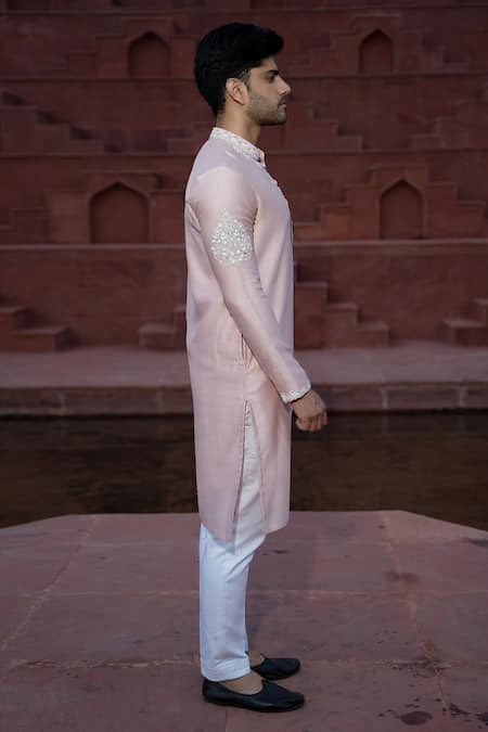 Shop Kaaj Button X AZA Pink Chanderi Silk, Satin Embroidery Floral Kurta Set Online at Aza Fashions Shop_Kaaj Button X AZA_Pink Chanderi Silk, Satin Embroidery Floral Kurta Set _Online_at_Aza_Fashions