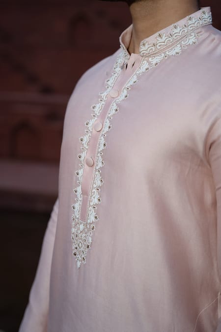 Kaaj Button X AZA Pink Chanderi Silk, Satin Embroidery Floral Kurta Set at Aza Fashions Kaaj Button X AZA_Pink Chanderi Silk, Satin Embroidery Floral Kurta Set _at_Aza_Fashions