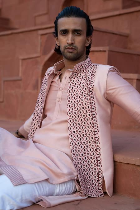 Kaaj Button X AZA_Pink Chanderi Silk Embroidery Quatrefoil Bundi Set _Online_at_Aza_Fashions