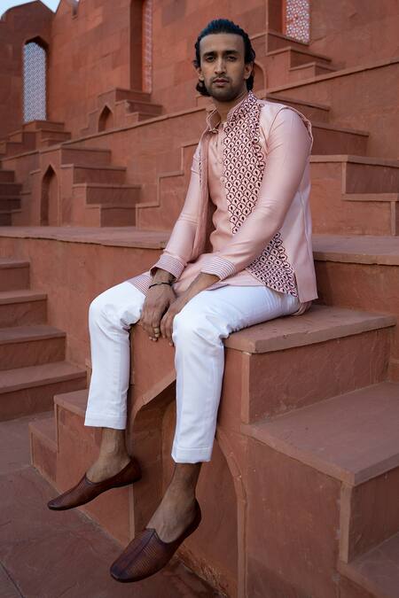 Shop_Kaaj Button X AZA_Pink Chanderi Silk Embroidery Quatrefoil Bundi Set _Online_at_Aza_Fashions