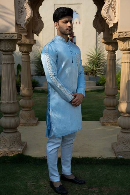 Shop Kaaj Button X AZA Blue Satin, Linen Embroidery Floral Placement Kurta Set at Aza Fashions Shop_Kaaj Button X AZA_Blue Satin, Linen Embroidery Floral Placement Kurta Set _at_Aza_Fashions