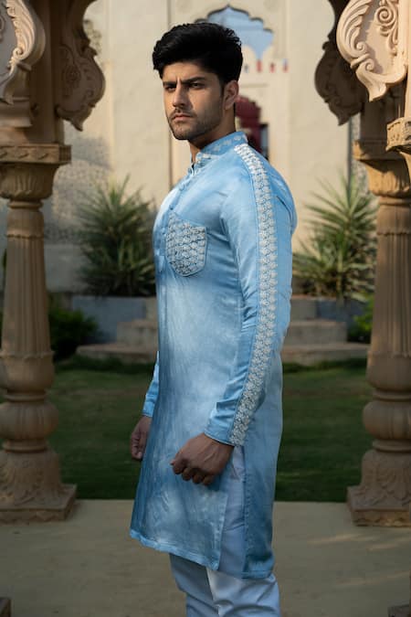 Kaaj Button X AZA Blue Satin, Linen Embroidery Floral Placement Kurta Set Online at Aza Fashions Kaaj Button X AZA_Blue Satin, Linen Embroidery Floral Placement Kurta Set _Online_at_Aza_Fashions