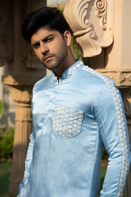 Buy Kaaj Button X AZA Blue Satin, Linen Embroidery Floral Placement Kurta Set Online at Aza Fashions Buy_Kaaj Button X AZA_Blue Satin, Linen Embroidery Floral Placement Kurta Set _Online_at_Aza_Fashions