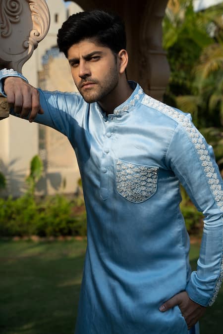 Shop Kaaj Button X AZA Blue Satin, Linen Embroidery Floral Placement Kurta Set Online at Aza Fashions Shop_Kaaj Button X AZA_Blue Satin, Linen Embroidery Floral Placement Kurta Set _Online_at_Aza_Fashions
