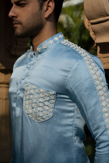 Kaaj Button X AZA Blue Satin, Linen Embroidery Floral Placement Kurta Set at Aza Fashions Kaaj Button X AZA_Blue Satin, Linen Embroidery Floral Placement Kurta Set _at_Aza_Fashions