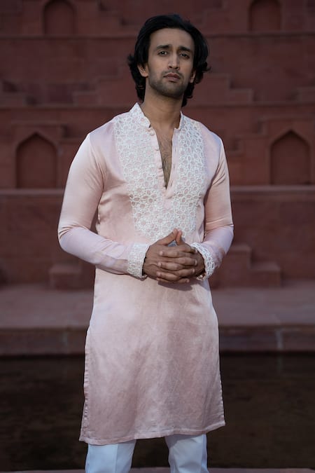 Kaaj Button x AZA Pink Satin Linen Embroidered French Knot Kurta Set 