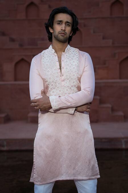 Buy_Kaaj Button X AZA_Pink Satin, Linen Embroidery French Knot Kurta Set _Online_at_Aza_Fashions