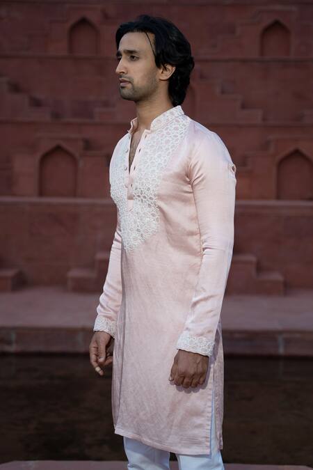 Shop_Kaaj Button X AZA_Pink Satin, Linen Embroidery French Knot Kurta Set _Online_at_Aza_Fashions