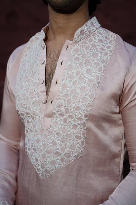 Kaaj Button X AZA_Pink Satin, Linen Embroidery French Knot Kurta Set _at_Aza_Fashions