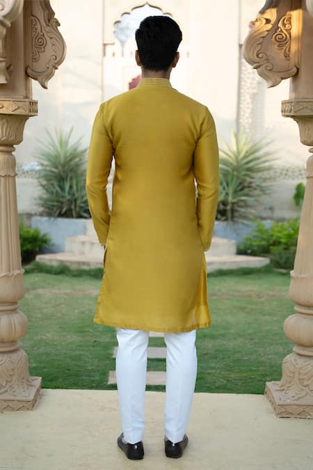Shop Kaaj Button X AZA Yellow Silk, Cotton Pearls, Embroidery Kurta And Pant Set at Aza Fashions Shop_Kaaj Button X AZA_Yellow Silk, Cotton Pearls, Embroidery Kurta And Pant Set _at_Aza_Fashions