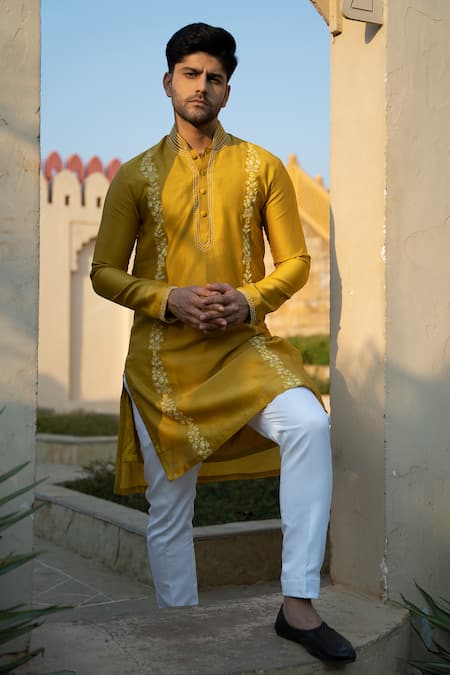 Kaaj Button X AZA Yellow Silk, Cotton Pearls, Embroidery Kurta And Pant Set Online at Aza Fashions Kaaj Button X AZA_Yellow Silk, Cotton Pearls, Embroidery Kurta And Pant Set _Online_at_Aza_Fashions