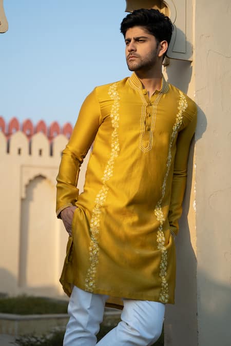 Buy Kaaj Button X AZA Yellow Silk, Cotton Pearls, Embroidery Kurta And Pant Set Online at Aza Fashions Buy_Kaaj Button X AZA_Yellow Silk, Cotton Pearls, Embroidery Kurta And Pant Set _Online_at_Aza_Fashions