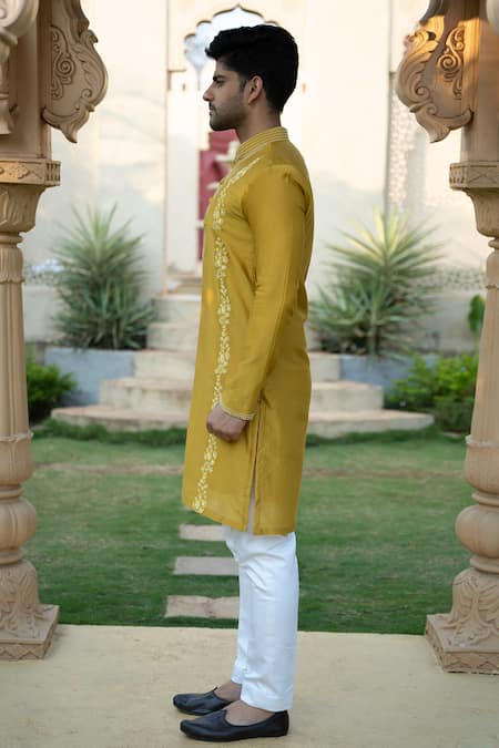 Shop Kaaj Button X AZA Yellow Silk, Cotton Pearls, Embroidery Kurta And Pant Set Online at Aza Fashions Shop_Kaaj Button X AZA_Yellow Silk, Cotton Pearls, Embroidery Kurta And Pant Set _Online_at_Aza_Fashions