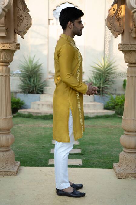 Kaaj Button X AZA Yellow Silk, Cotton Pearls, Embroidery Kurta And Pant Set at Aza Fashions Kaaj Button X AZA_Yellow Silk, Cotton Pearls, Embroidery Kurta And Pant Set _at_Aza_Fashions