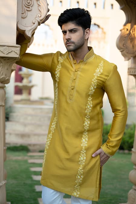 Buy Kaaj Button X AZA Yellow Silk, Cotton Pearls, Embroidery Kurta And Pant Set Buy_Kaaj Button X AZA_Yellow Silk, Cotton Pearls, Embroidery Kurta And Pant Set