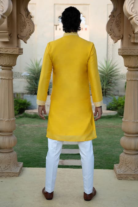 Shop Kaaj Button X AZA Yellow Chanderi Silk, Cotton Embroidery Kurta Set at Aza Fashions Shop_Kaaj Button X AZA_Yellow Chanderi Silk, Cotton Embroidery Kurta Set _at_Aza_Fashions