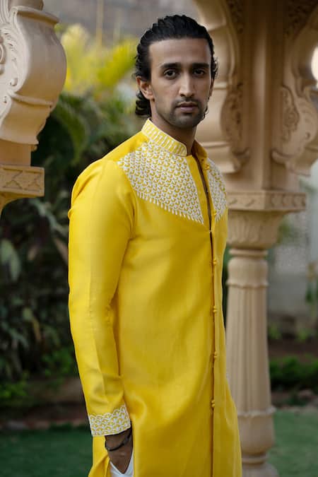 Kaaj Button X AZA Yellow Chanderi Silk, Cotton Embroidery Kurta Set Online at Aza Fashions Kaaj Button X AZA_Yellow Chanderi Silk, Cotton Embroidery Kurta Set _Online_at_Aza_Fashions