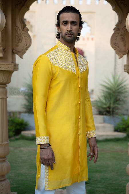 Shop Kaaj Button X AZA Yellow Chanderi Silk, Cotton Embroidery Kurta Set Online at Aza Fashions Shop_Kaaj Button X AZA_Yellow Chanderi Silk, Cotton Embroidery Kurta Set _Online_at_Aza_Fashions