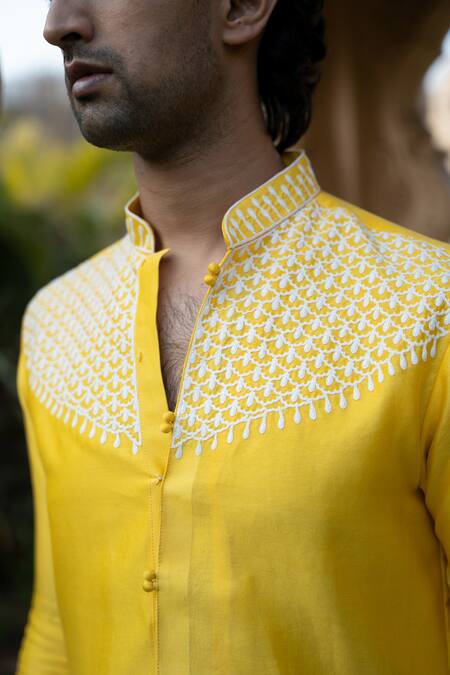 Kaaj Button X AZA Yellow Chanderi Silk, Cotton Embroidery Kurta Set at Aza Fashions Kaaj Button X AZA_Yellow Chanderi Silk, Cotton Embroidery Kurta Set _at_Aza_Fashions
