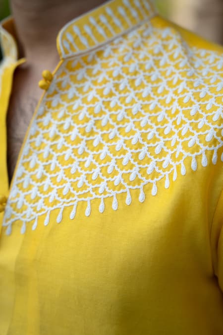 Buy Kaaj Button X AZA Yellow Chanderi Silk, Cotton Embroidery Kurta Set Buy_Kaaj Button X AZA_Yellow Chanderi Silk, Cotton Embroidery Kurta Set