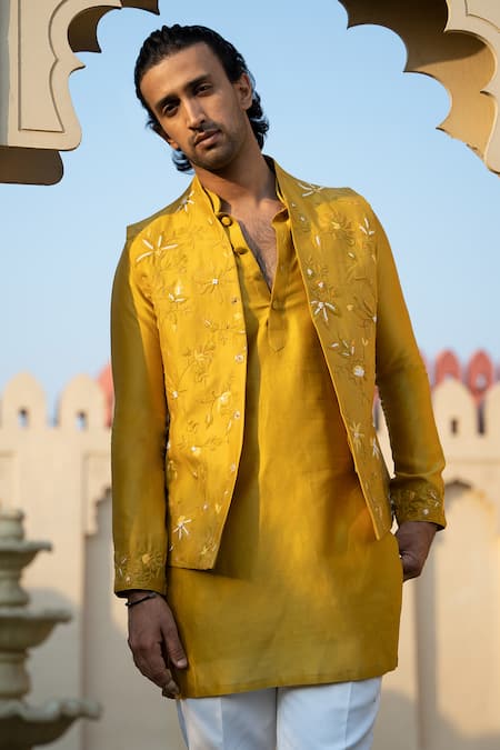 Buy_Kaaj Button X AZA_Yellow Chanderi Silk Embroidery Floral Bundi Kurta Set _Online_at_Aza_Fashions
