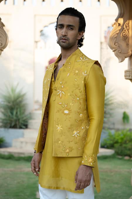 Shop_Kaaj Button X AZA_Yellow Chanderi Silk Embroidery Floral Bundi Kurta Set _Online_at_Aza_Fashions