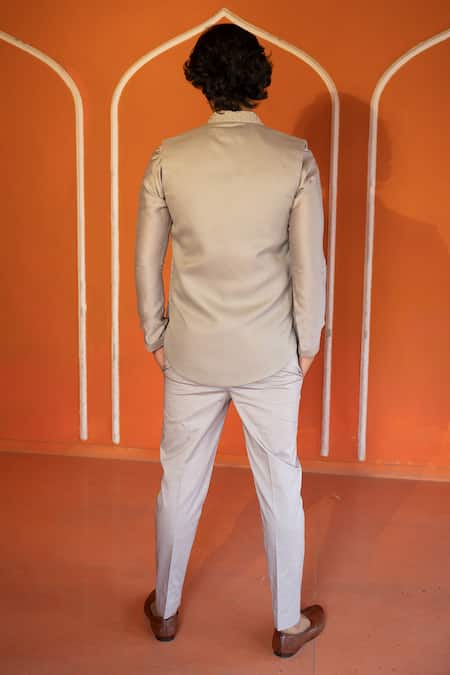 Shop Kaaj Button X AZA Gold Chanderi Silk, Suede Embroidery Geometric Bundi Set at Aza Fashions Shop_Kaaj Button X AZA_Gold Chanderi Silk, Suede Embroidery Geometric Bundi Set _at_Aza_Fashions