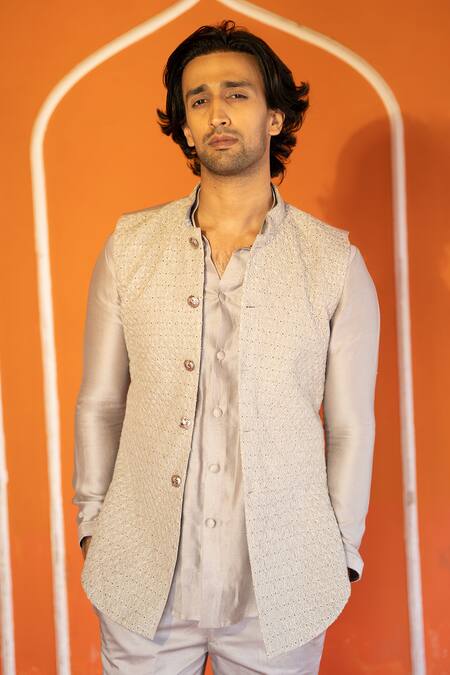 Shop Kaaj Button X AZA Gold Chanderi Silk, Suede Embroidery Geometric Bundi Set Online at Aza Fashions Shop_Kaaj Button X AZA_Gold Chanderi Silk, Suede Embroidery Geometric Bundi Set _Online_at_Aza_Fashions