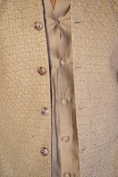 Kaaj Button X AZA Gold Chanderi Silk, Suede Embroidery Geometric Bundi Set at Aza Fashions Kaaj Button X AZA_Gold Chanderi Silk, Suede Embroidery Geometric Bundi Set _at_Aza_Fashions