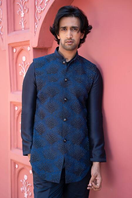 Kaaj Button X AZA Blue Chanderi Silk, Suede Embroidery Shaded Geometric Bundi Set Online at Aza Fashions Kaaj Button X AZA_Blue Chanderi Silk, Suede Embroidery Shaded Geometric Bundi Set _Online_at_Aza_Fashions
