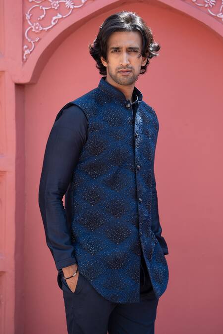 Buy Kaaj Button X AZA Blue Chanderi Silk, Suede Embroidery Shaded Geometric Bundi Set Online at Aza Fashions Buy_Kaaj Button X AZA_Blue Chanderi Silk, Suede Embroidery Shaded Geometric Bundi Set _Online_at_Aza_Fashions